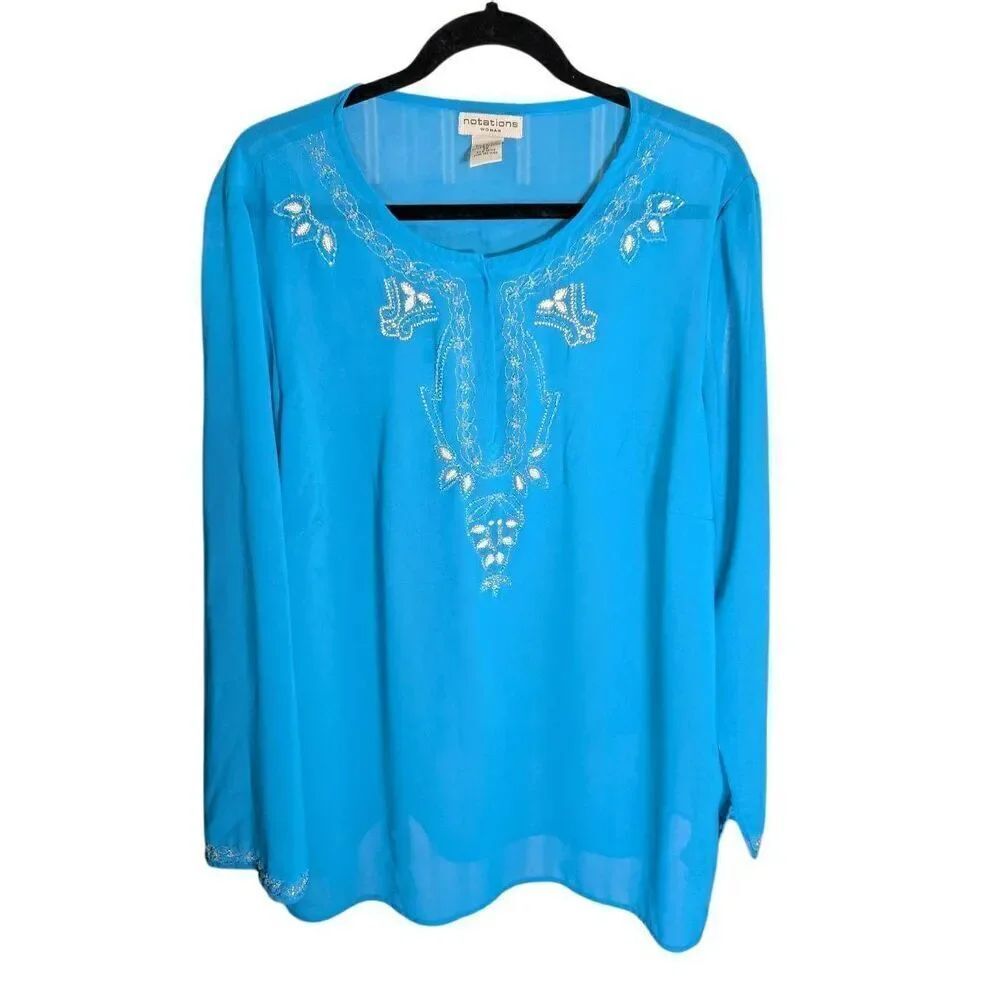 Notations Woman Blue Long Sleeve with Embroidery Blouse Women's 2XL